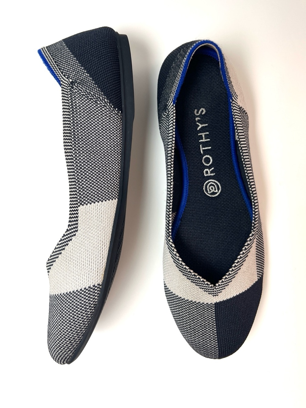 Rothy’s The Flat Colorblock Knit Ballet Flats Black White Blue W9.5